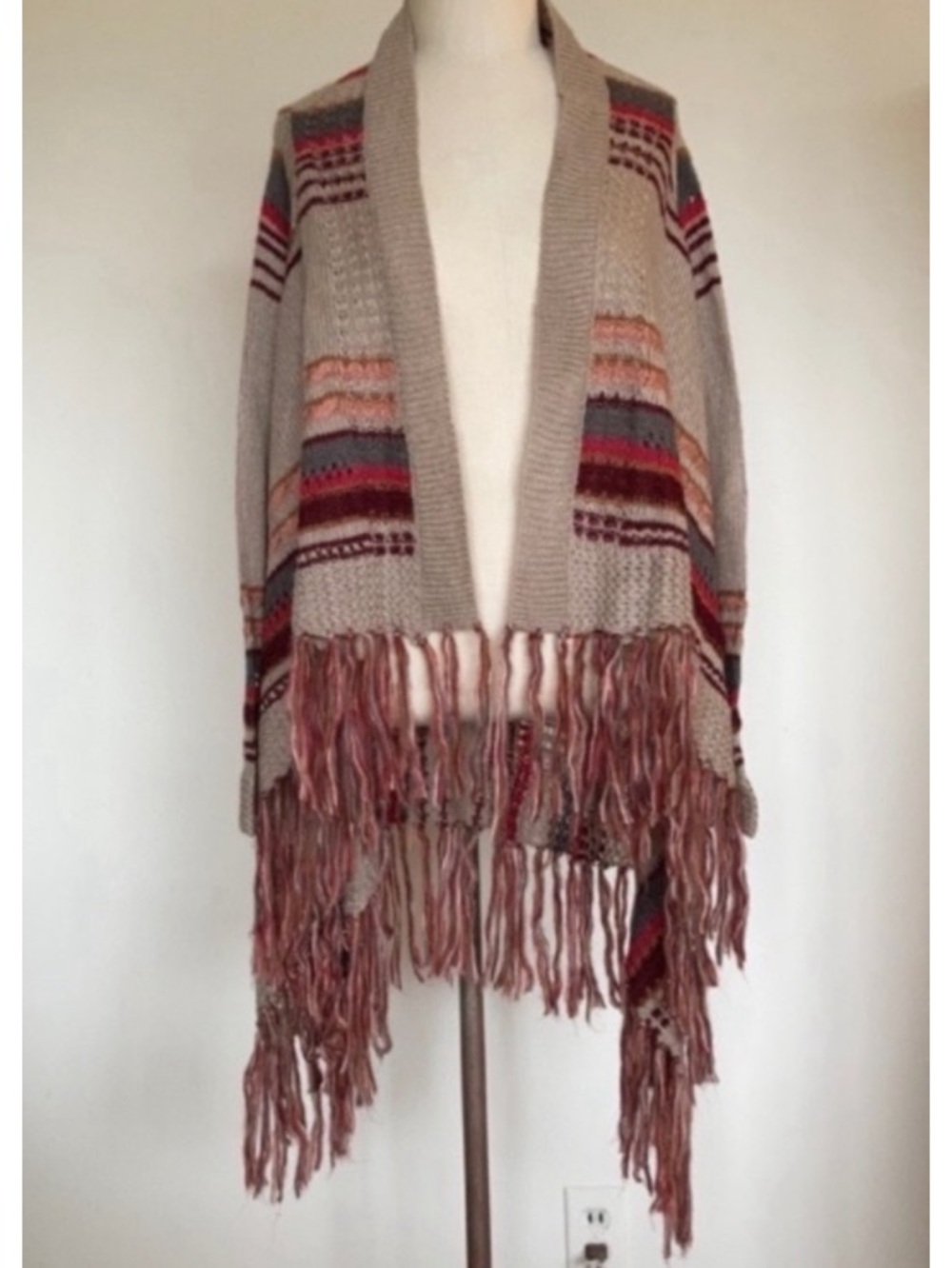 Fringed striped cardigan, cozy waterfall sweater, high low, XS S
